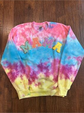 Gildan Pink Blue Yellow Tie-Dye Crewneck with 'MAMA' Appliqué